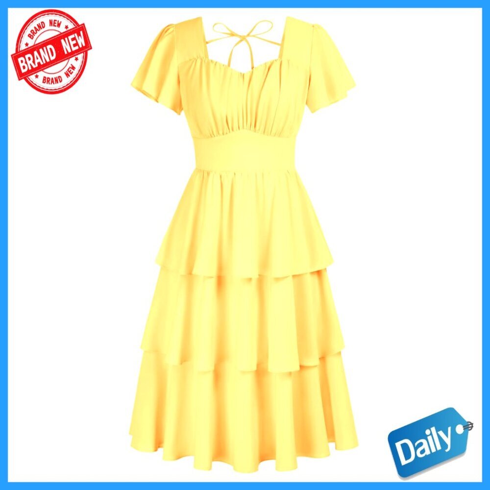 Vintage Square Neck Tiered Ruffle Midi Dress, Short Sleeve, A-Line Swing